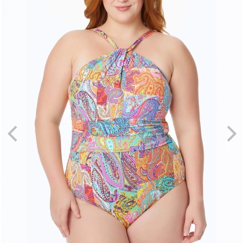 BLEU ROD BEATTIE HIGH NECK ONE PIECE SWIMSUIT,‎ PLUS, BP MULTI 20W NWT
